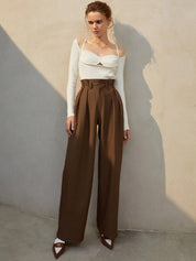 Kotty Women Relaxed Straight Leg Straight Fit High-Rise Cotton Pleated Trousers