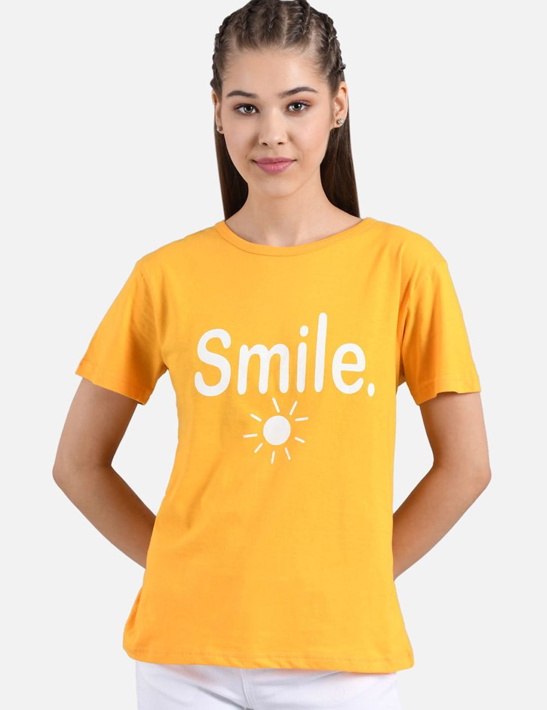 Kotty Women Yellow Printed Round Neck T-shirt