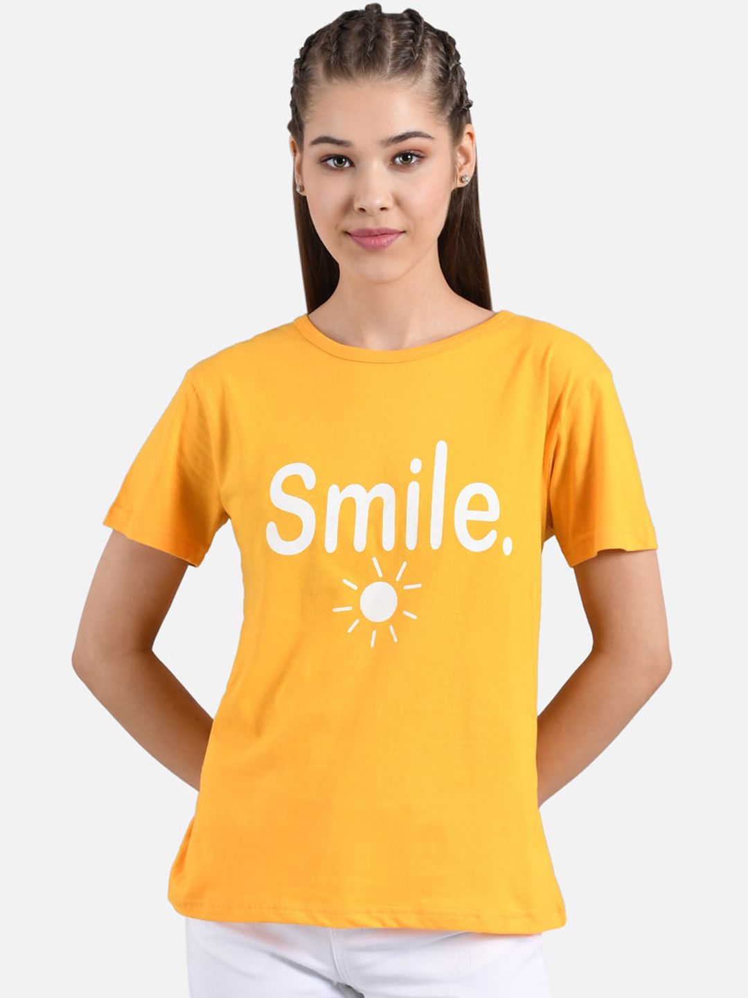 Kotty Women Yellow Printed Round Neck T-shirt