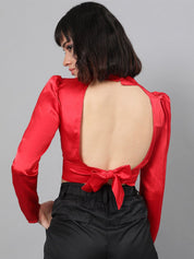 Kotty Red Satin Crop Regular Top