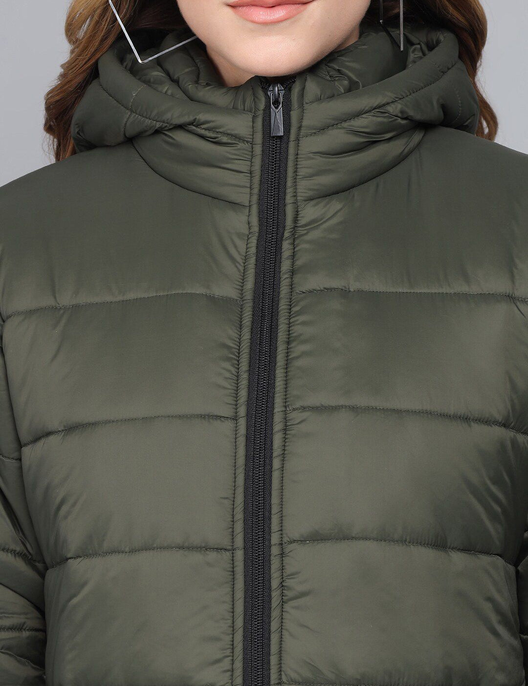 Kotty Women Olive Green Longline Outdoor Padded Jacket with Patchwork