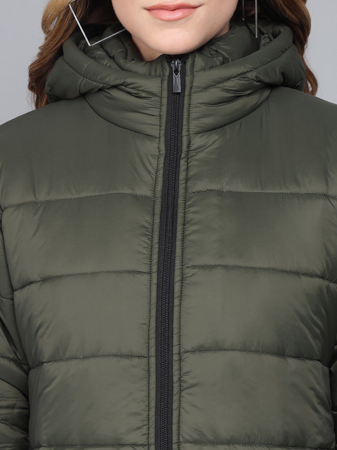 Kotty Women Olive Green Longline Outdoor Padded Jacket with Patchwork