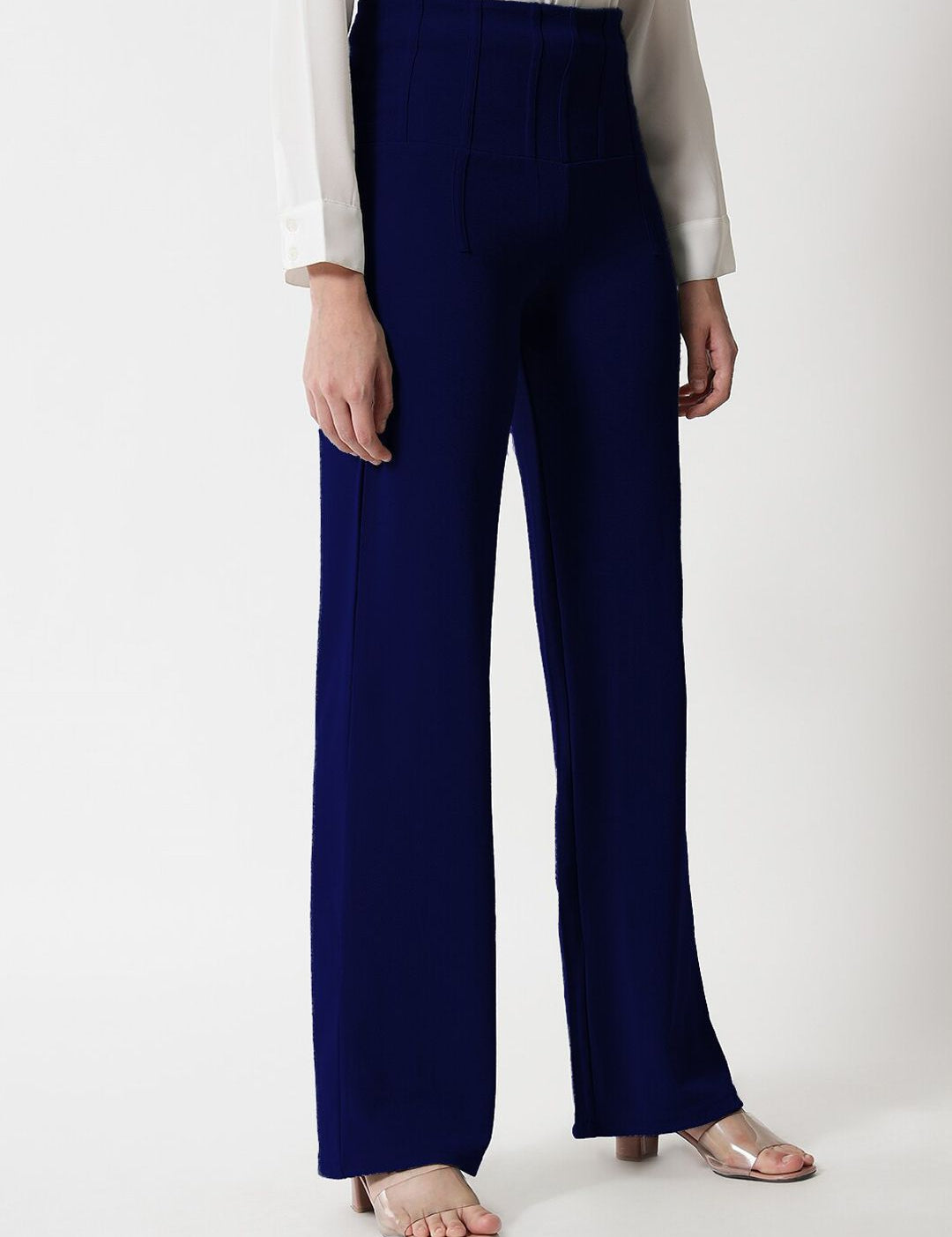 Kotty Women Navy Blue Relaxed Straight Fit High-Rise Easy Wash Trousers