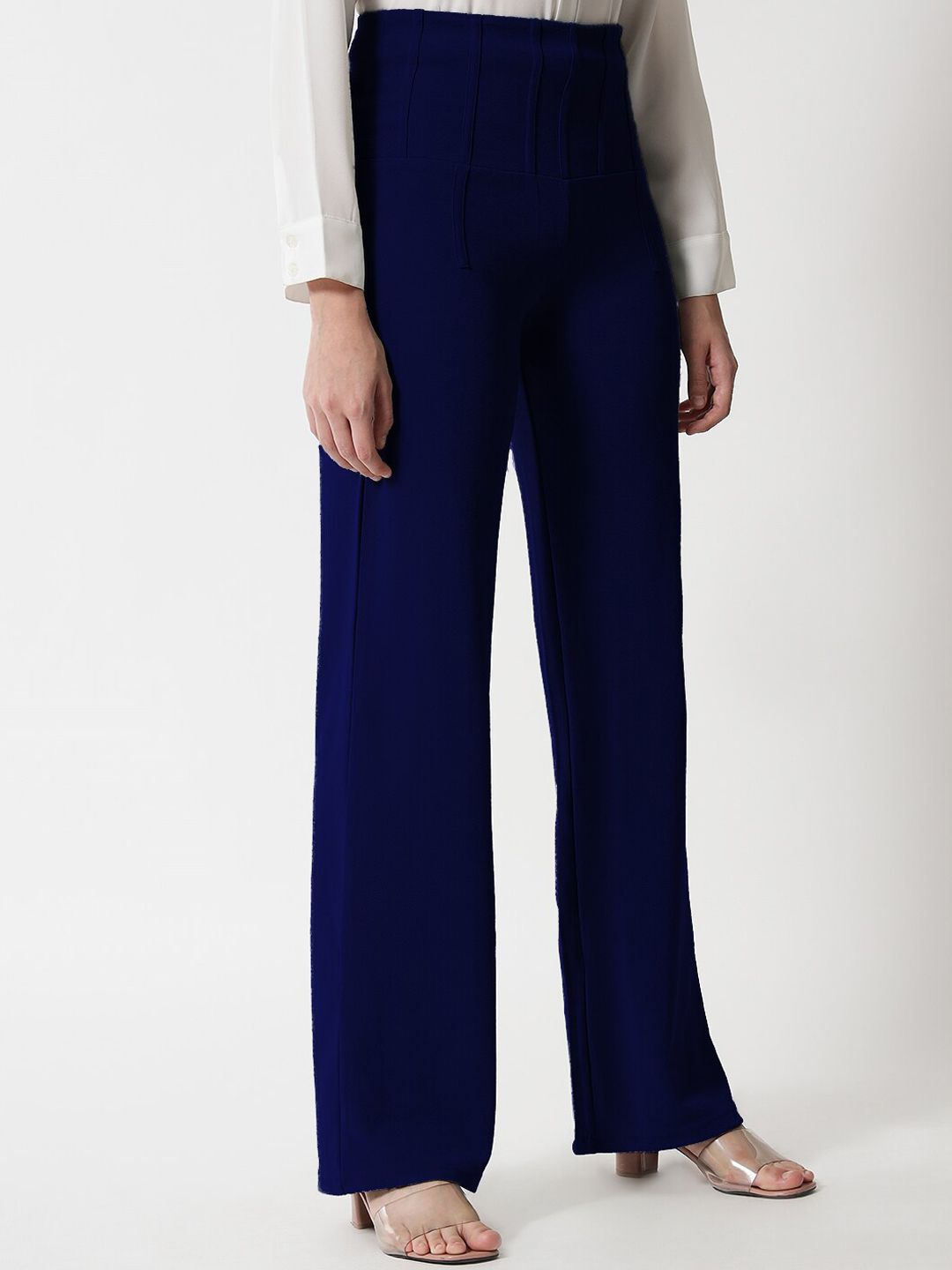 Kotty Women Navy Blue Relaxed Straight Fit High-Rise Easy Wash Trousers