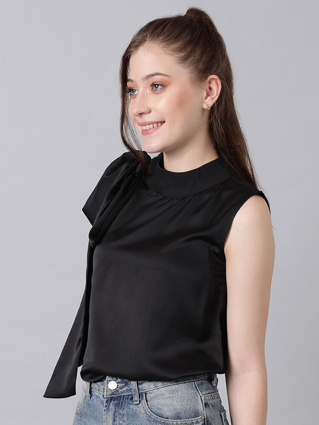 Kotty Black High Neck Sleeveless Tie-Ups Satin Top