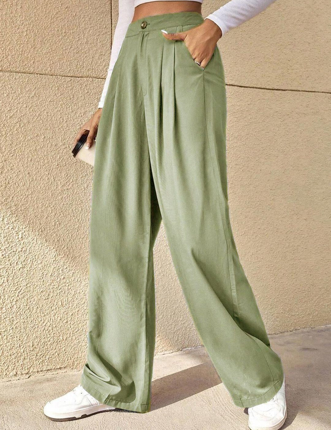 Kotty Green Women Relaxed Straight Leg High-Rise Easy Wash Pleated Parallel Trousers
