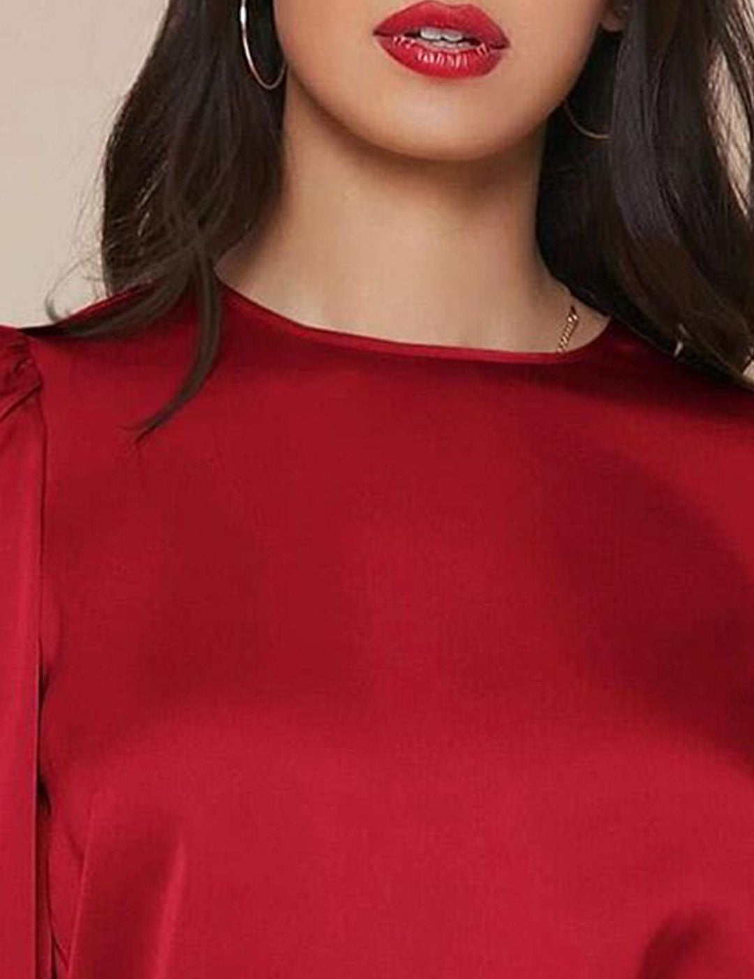 Kotty Round Neck Cuffed Sleeve Satin Top