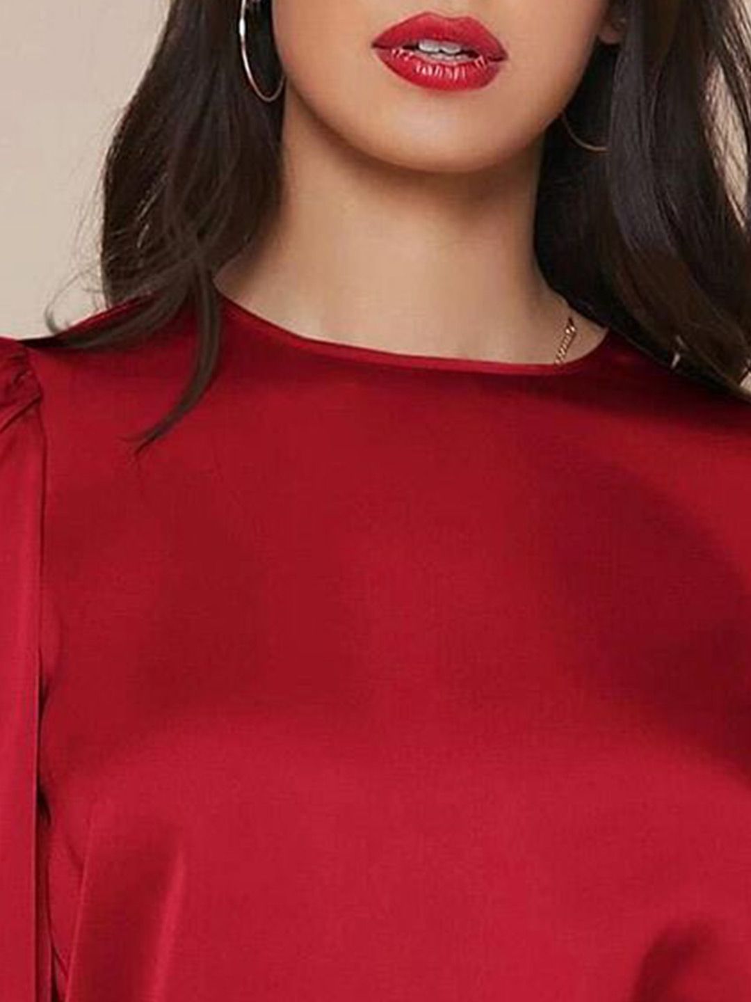 Kotty Round Neck Cuffed Sleeve Satin Top