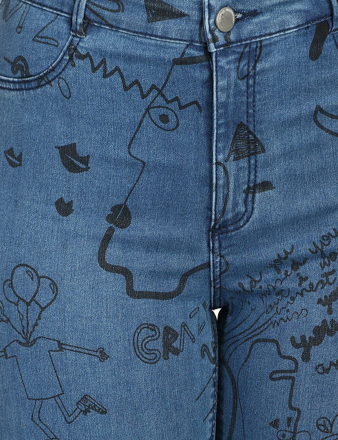 Kotty Women Blue Skinny Fit High-Rise Slash Knee Printed Stretchable Jeans