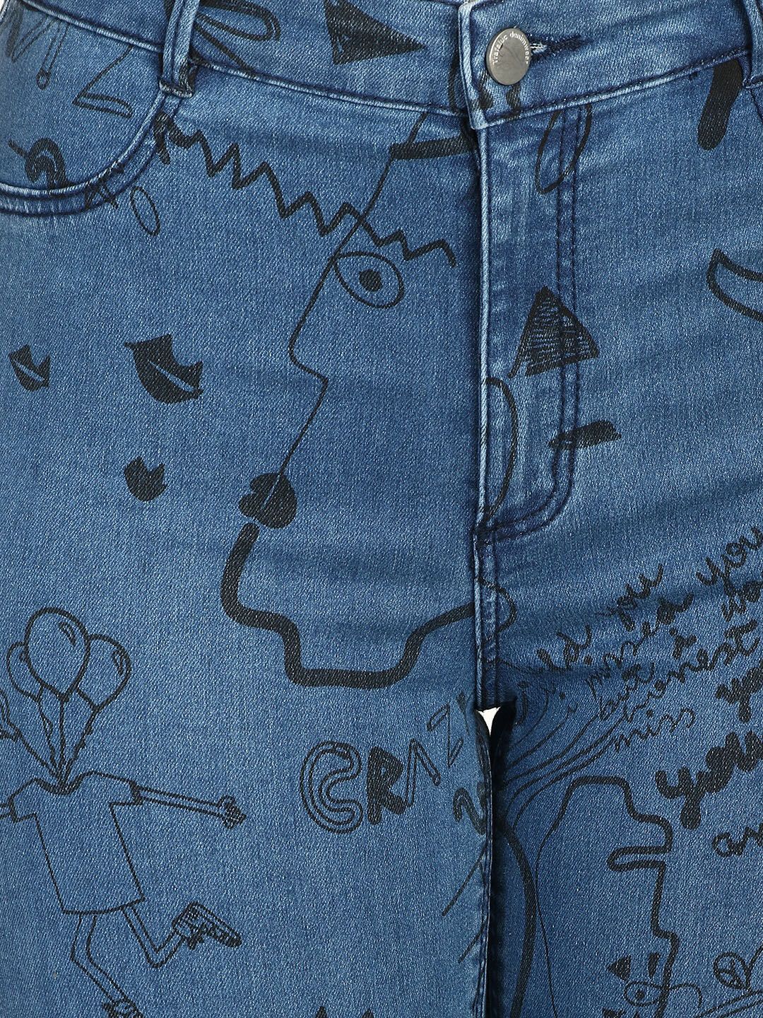 Kotty Women Blue Skinny Fit High-Rise Slash Knee Printed Stretchable Jeans