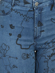 Kotty Women Blue Skinny Fit High-Rise Slash Knee Printed Stretchable Jeans