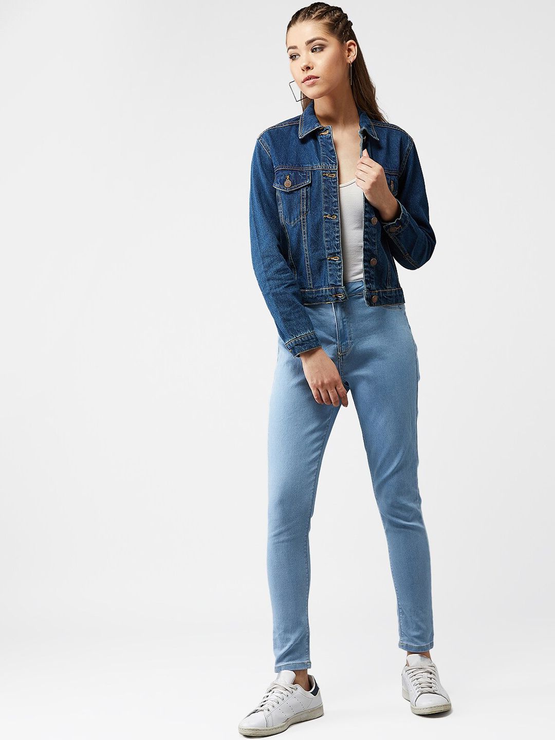 Kotty Women Navy Blue Solid Denim Crop Jacket