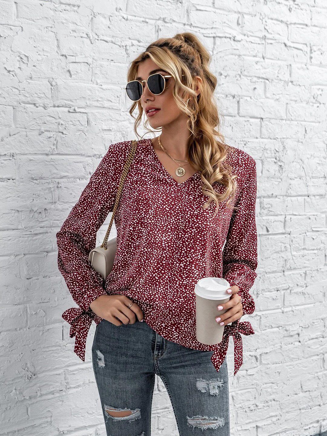 Kotty Women Maroon & White Print Crepe Top