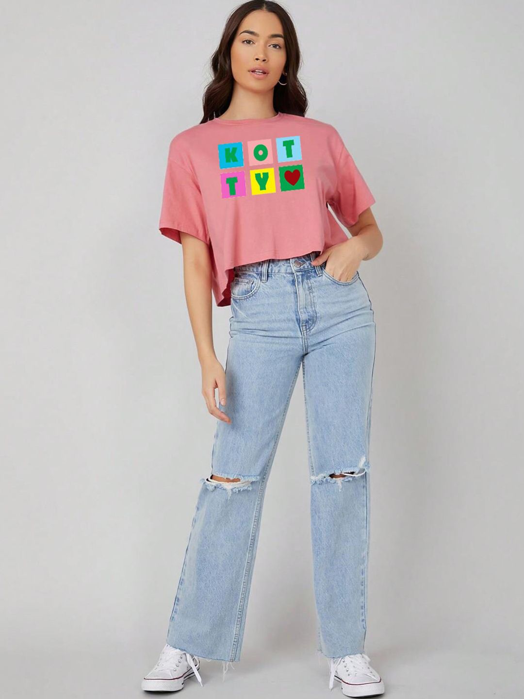 Kotty Pink Printed Round Neck Drop-Shoulder Sleeves Crop Oversized T-shirt