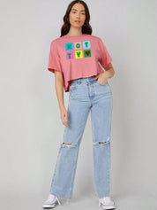 Kotty Pink Printed Round Neck Drop-Shoulder Sleeves Crop Oversized T-shirt