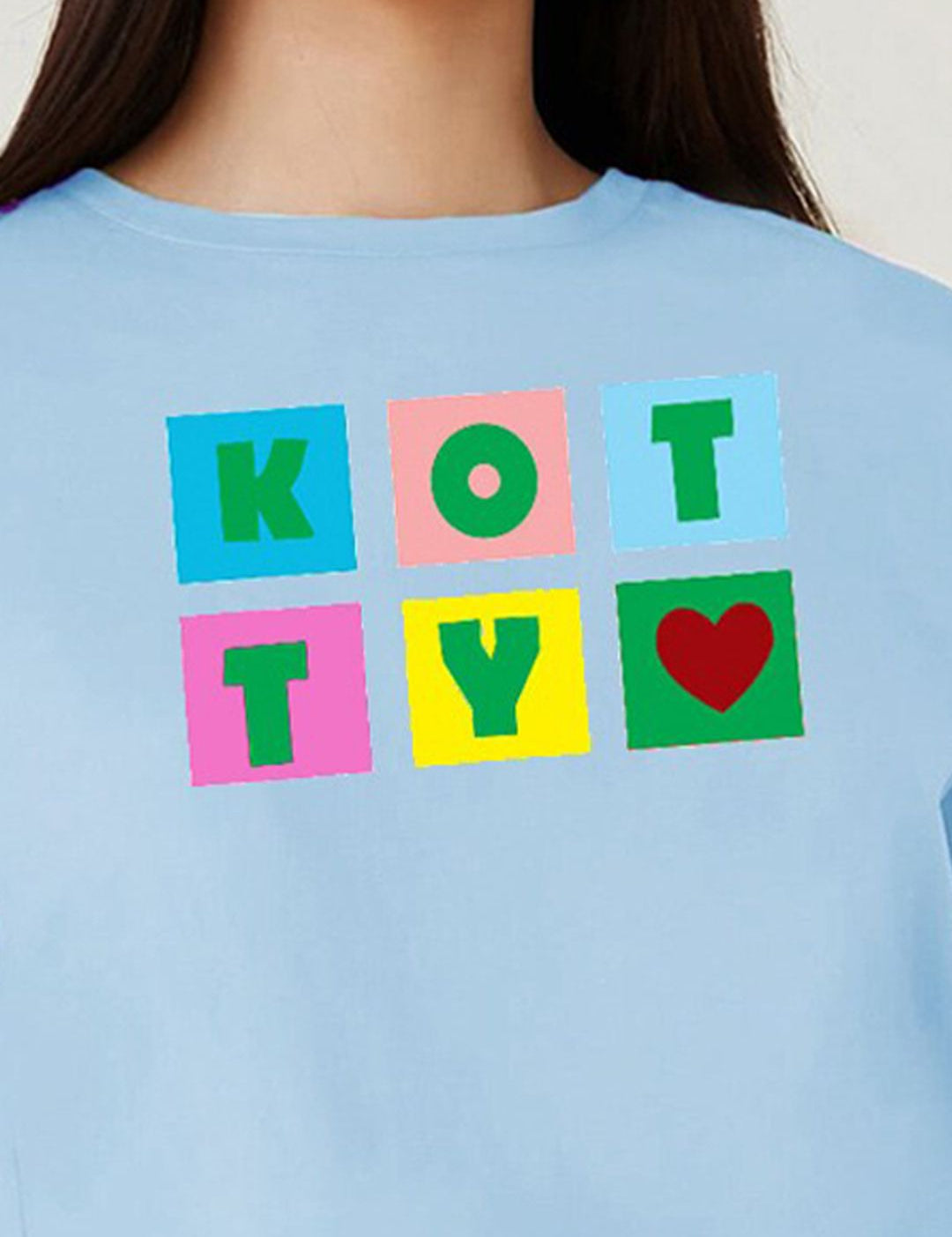 Kotty Blue Typography Printed Drop-Shoulder Sleeves Cotton Oversized Crop T-shirt