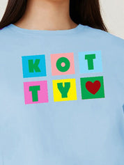 Kotty Blue Typography Printed Drop-Shoulder Sleeves Cotton Oversized Crop T-shirt