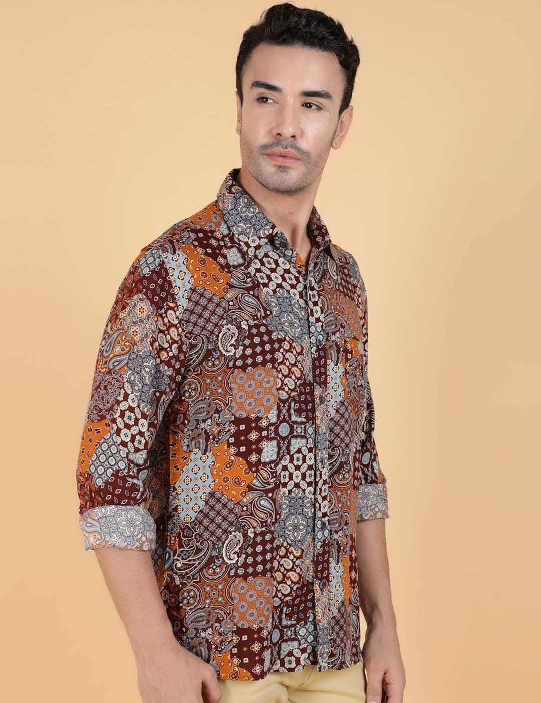 Kotty Men Relaxed Spread Collar Graphic Printed Cotton Casual Shirt