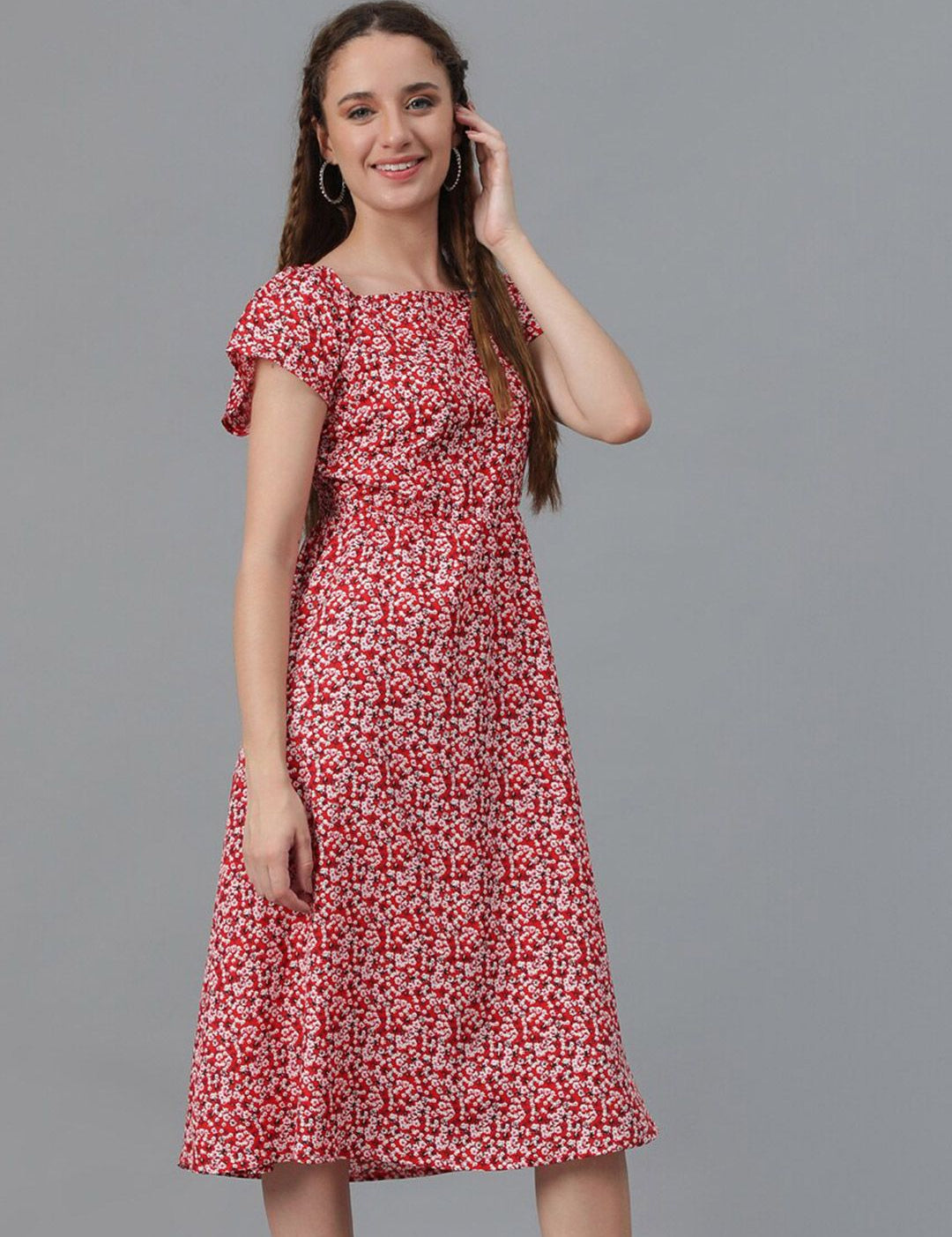Kotty Red Floral Printed Square Neck Smocked Detailed Fit & Flare Midi Dress