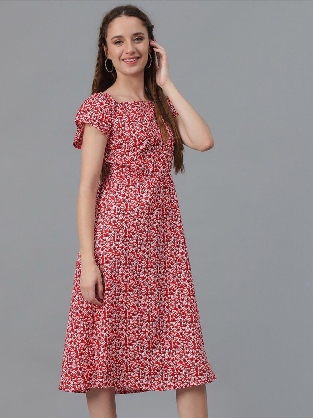Kotty Red Floral Printed Square Neck Smocked Detailed Fit & Flare Midi Dress