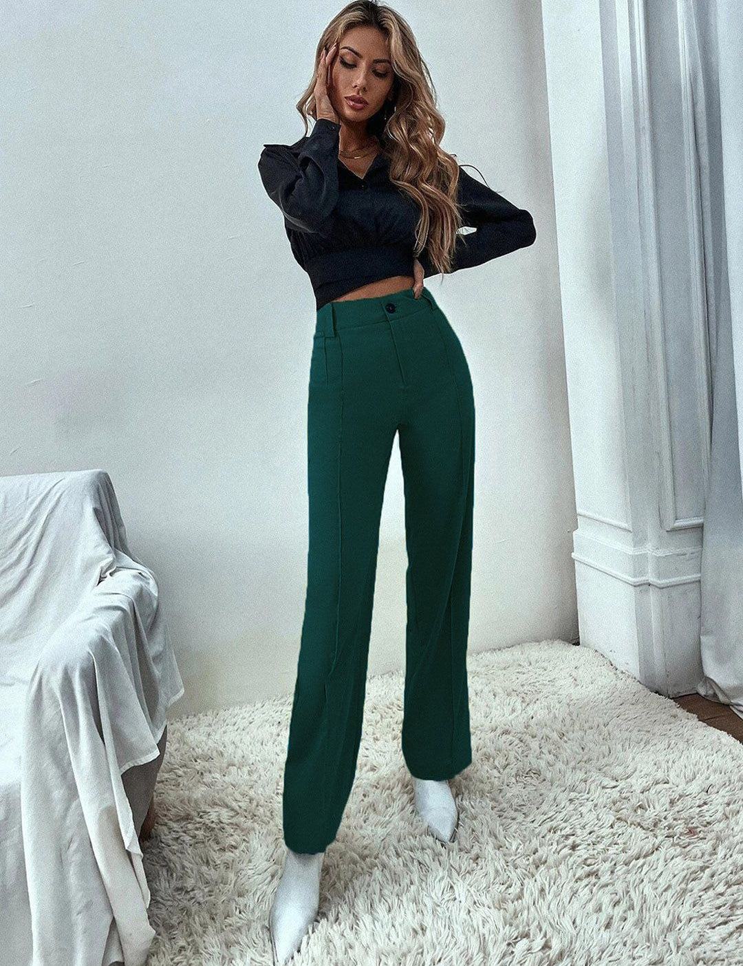 KOTTY BIZwear Women Relaxed Straight Fit High-Rise Easy Wash Trousers