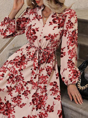 Kotty Cream Floral Printed Shirt Collar Puff Sleeve A-Line Midi Dress