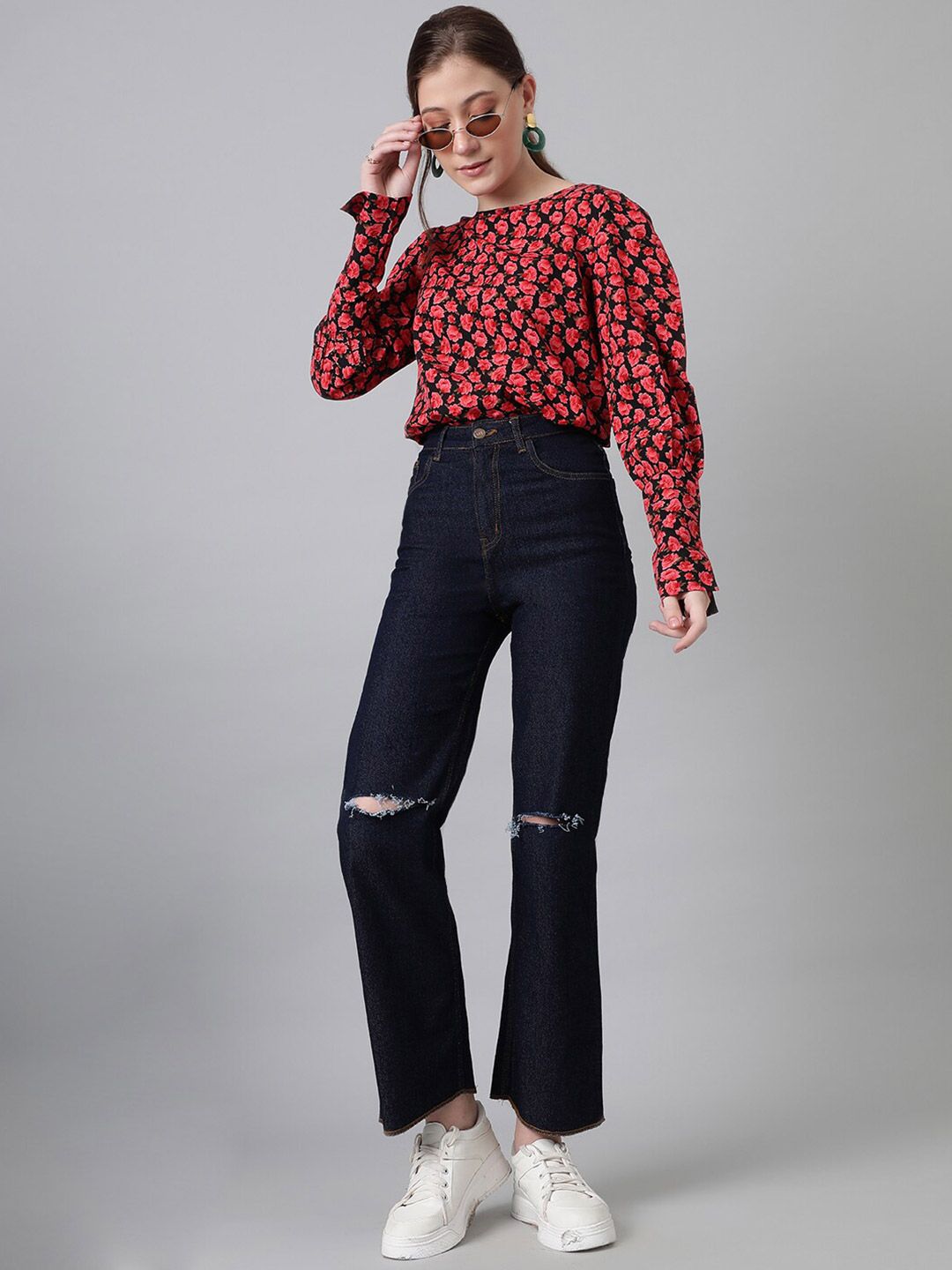 Kotty Black Floral Print Crepe Top