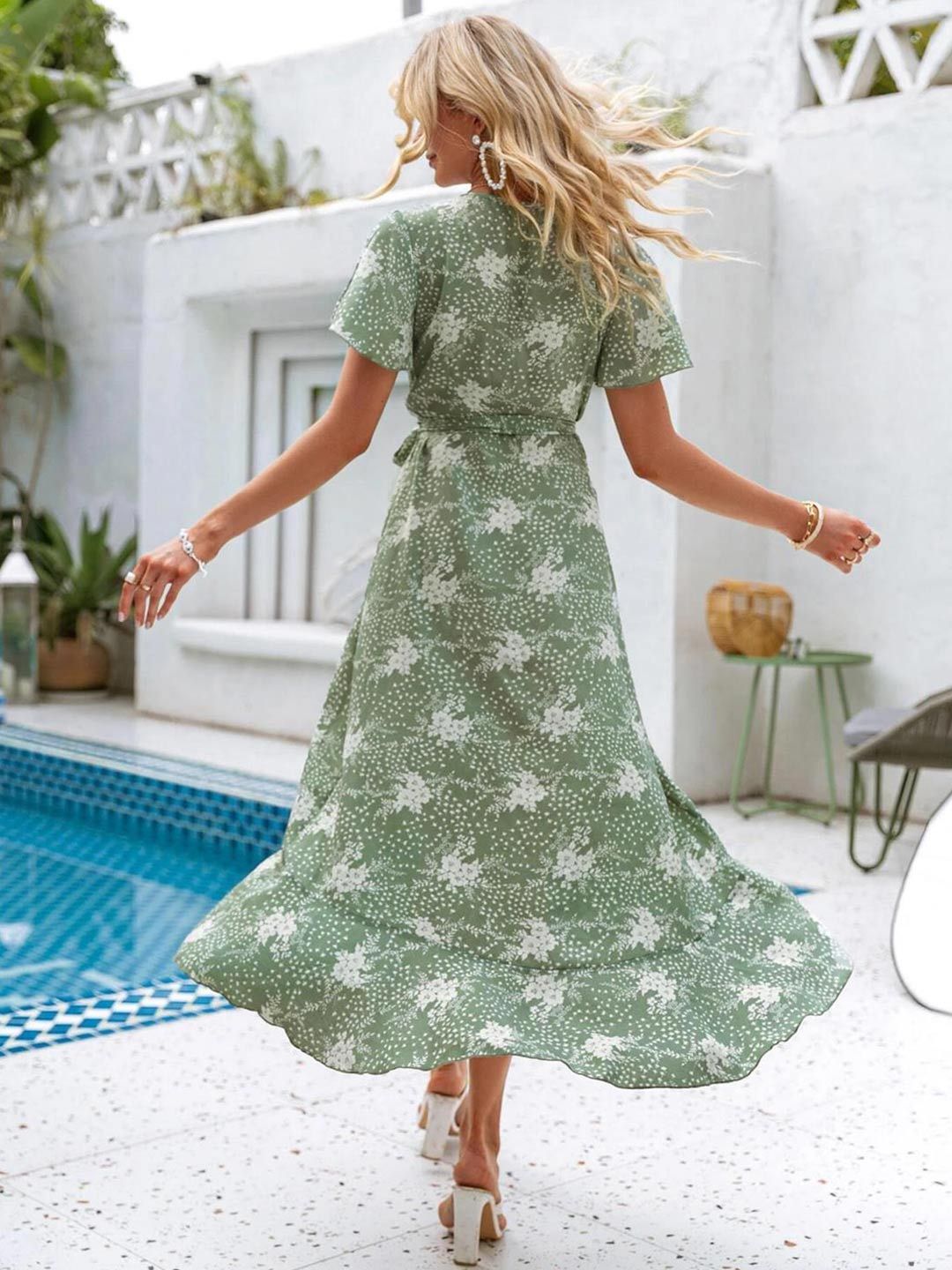 Kotty Green & White Floral Printed Flared Sleeves Wrap Midi Dress