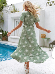 Kotty Green & White Floral Printed Flared Sleeves Wrap Midi Dress