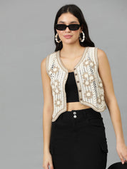 Kotty Floral Self Design Crochet V-Neck Crop Top