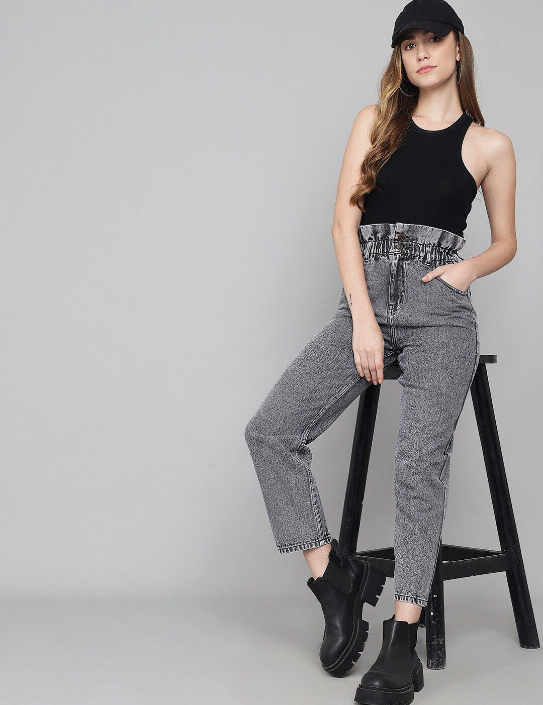 Kotty Women Charcoal Jean Boyfriend Fit High-Rise Heavy Fade Pure Cotton Jeans