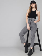 Kotty Women Charcoal Jean Boyfriend Fit High-Rise Heavy Fade Pure Cotton Jeans