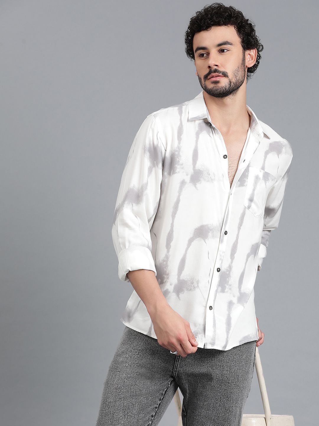Kotty White & Grey Tie and Dye Spread Collar Relaxed Fit Casual Shirt
