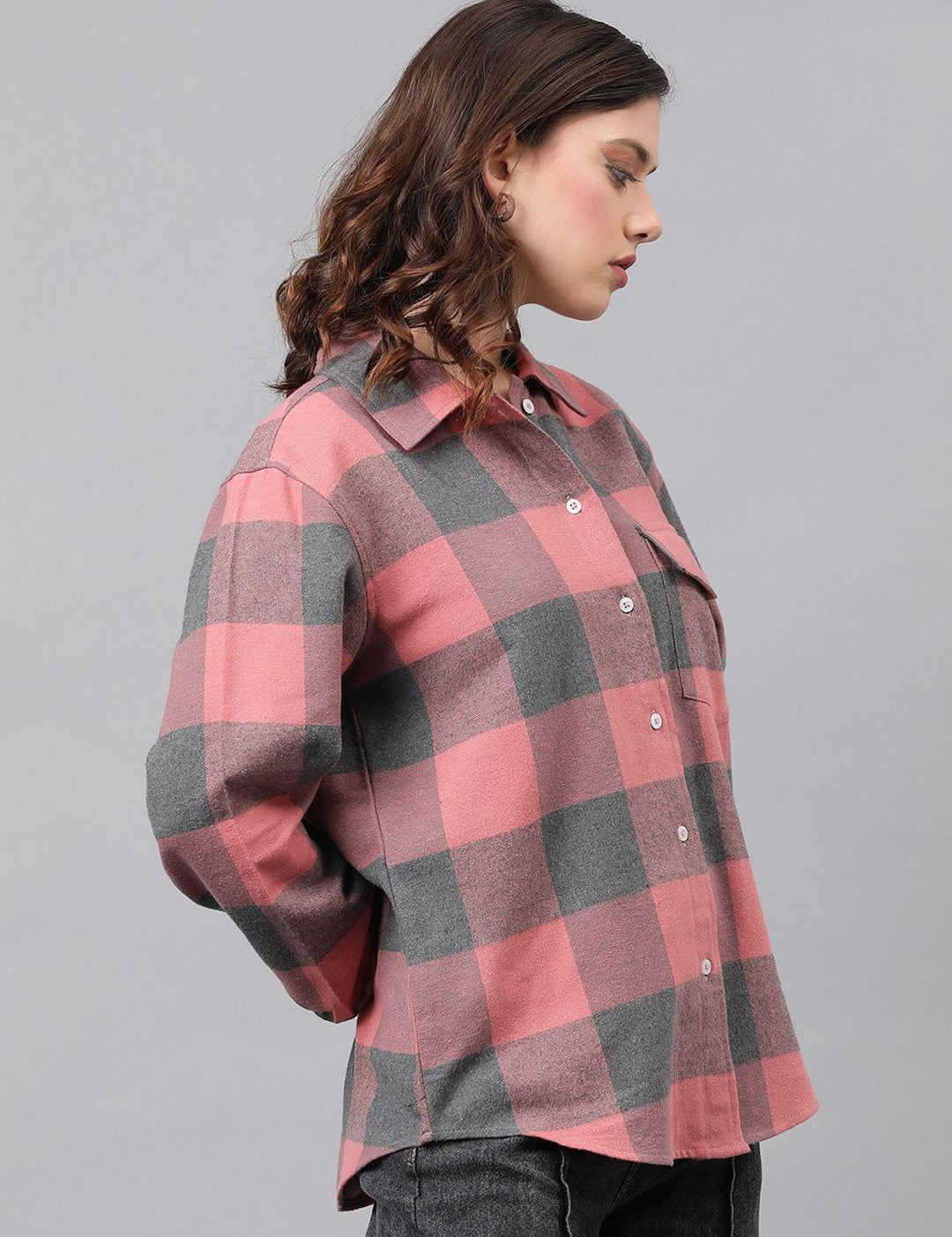 Kotty Buffalo Checks Spread Collar Longline Casual Shirt