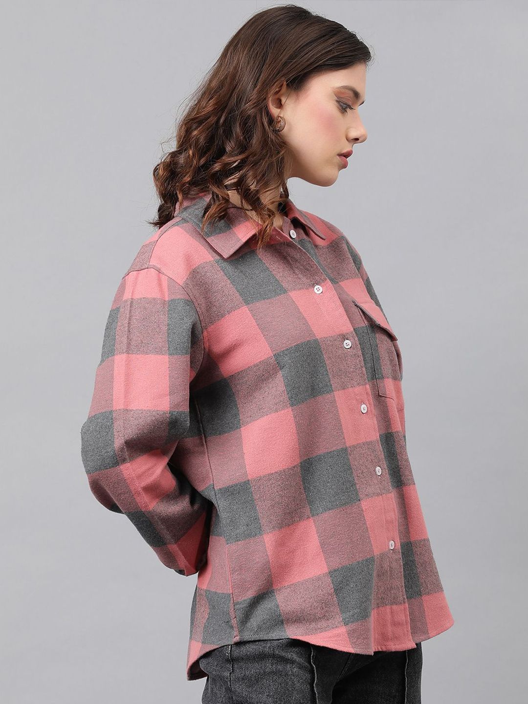 Kotty Buffalo Checks Spread Collar Longline Casual Shirt