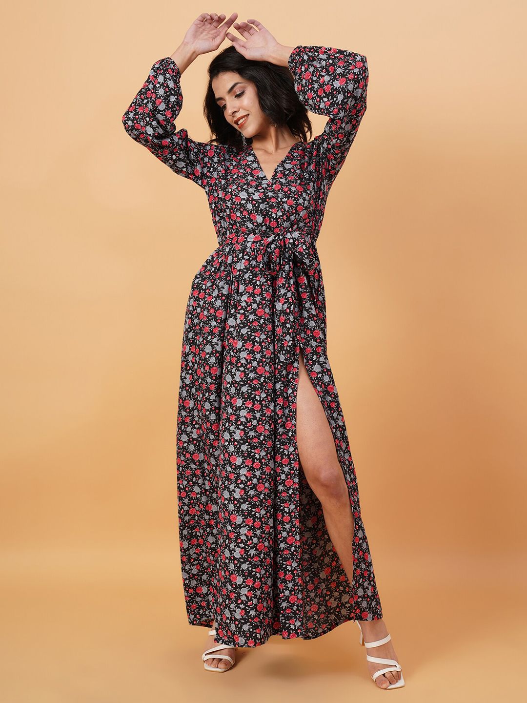 Kotty Floral Printed V-Neck Long Sleeves Maxi Dress