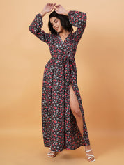Kotty Floral Printed V-Neck Long Sleeves Maxi Dress