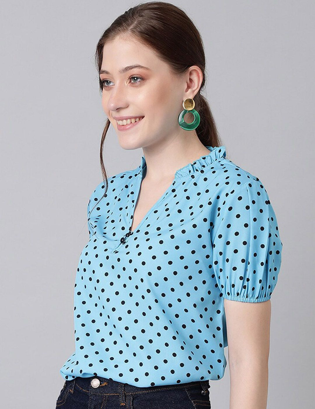 Kotty Blue Polka Dot Print Mandarin Collar Puff Sleeve Crepe Top