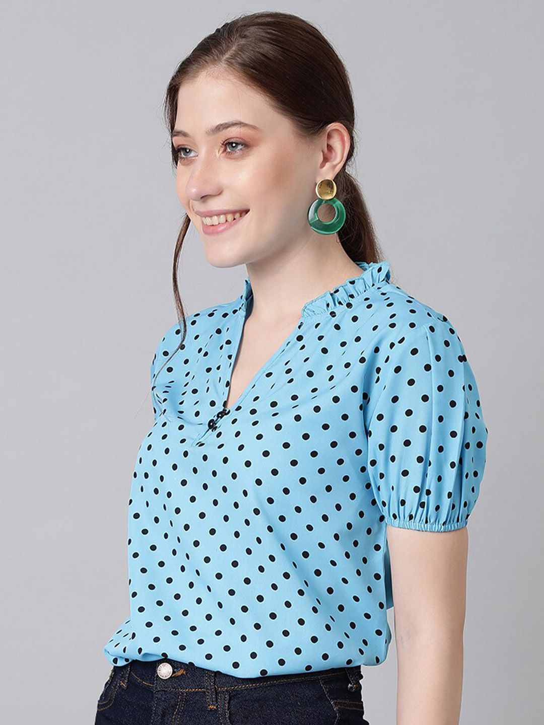 Kotty Blue Polka Dot Print Mandarin Collar Puff Sleeve Crepe Top
