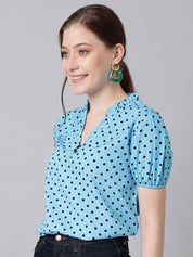 Kotty Blue Polka Dot Print Mandarin Collar Puff Sleeve Crepe Top