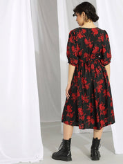 Kotty Black & Red Floral Printed Fit & Flare Midi Dress With Belt