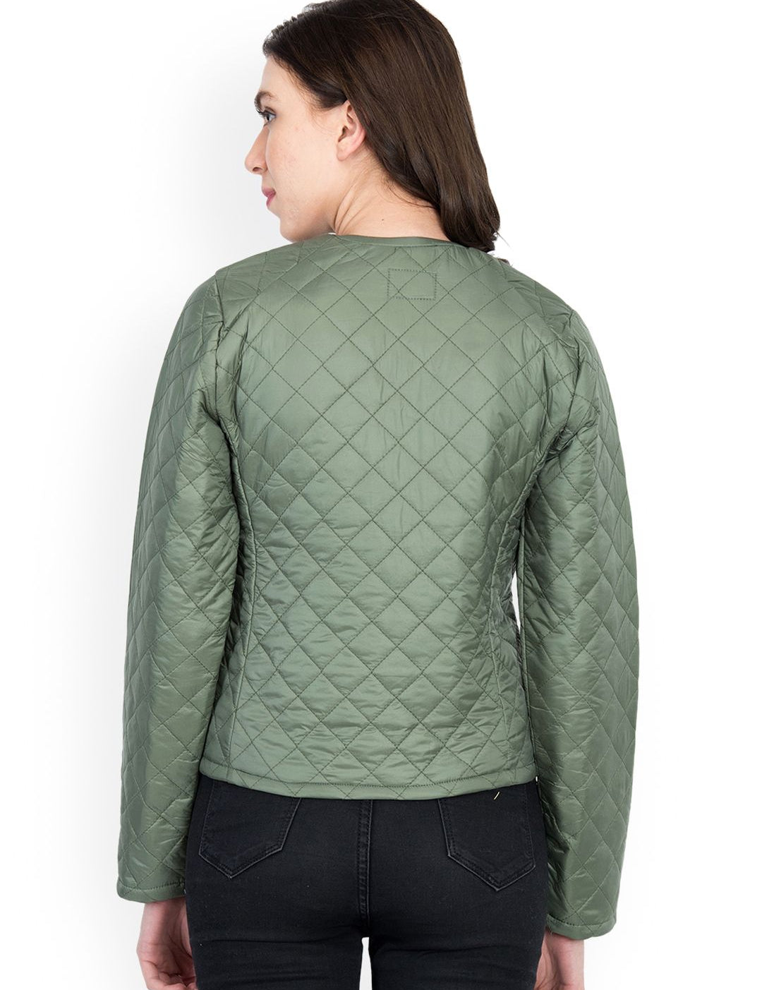 Kotty Women Olive Green Self Design Quilted Jacket