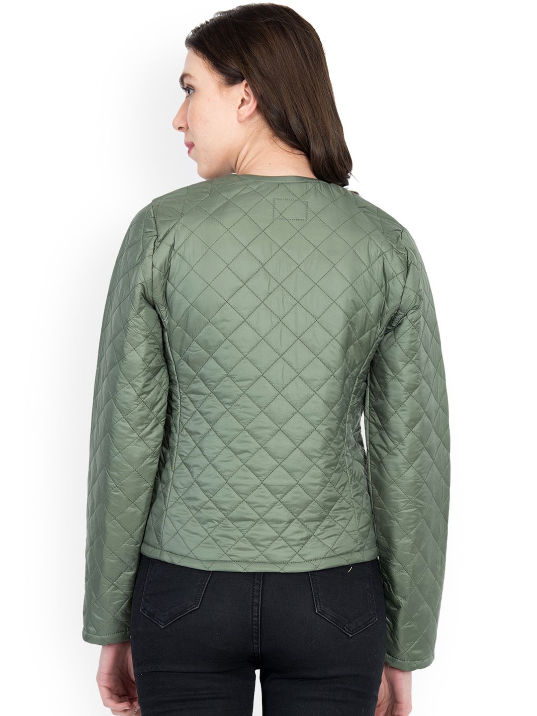 Kotty Women Olive Green Self Design Quilted Jacket