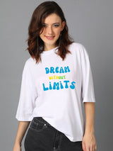 Kotty White Typography Printed Drop-Shoulder Sleeves Oversized T-shirt