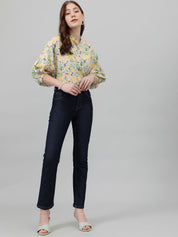 Kotty Yellow & Pink Floral Printed Mandarin Collar Puff Sleeves Crepe Casual Shirt