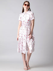 Kotty White & Pink Floral Printed Puffed Sleeves Tiered Satin Shirt Style Midi Dress