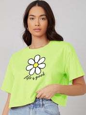 Kotty Lime Green Graphic Printed Oversized Cotton Casual T-Shirt