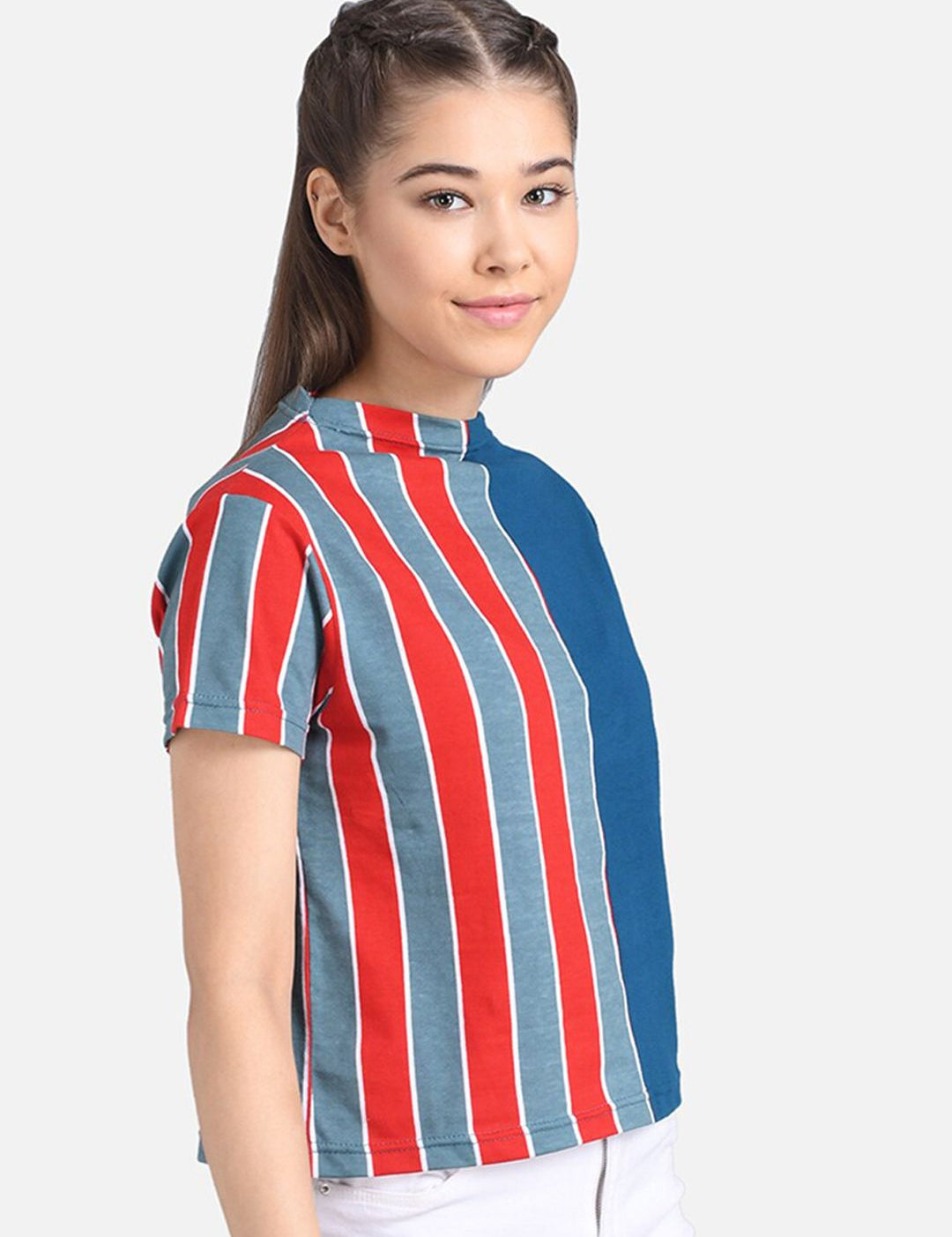 Kotty Women Red & Blue Striped Pure Cotton Top