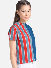 Kotty Women Red & Blue Striped Pure Cotton Top