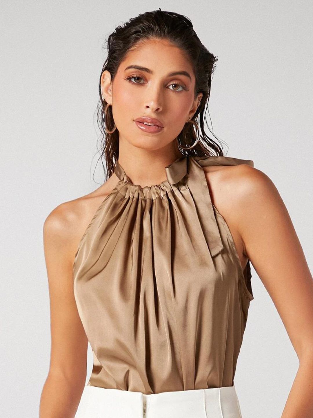 Kotty Brown Tie-Up Neck Sleeveless Satin Top